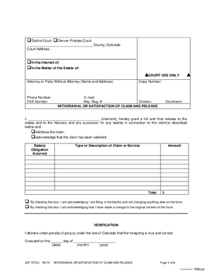 Thumbnail of Colorado Form Withdrawal Or Satisfaction Of Claim And Release