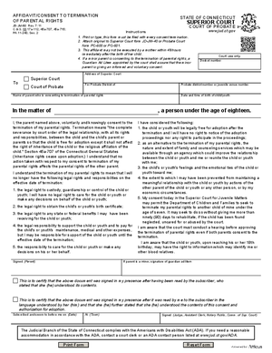 Thumbnail of Connecticut Form Affidavit/consent To Termination Of Parental Rights (Rev. 7/11)
