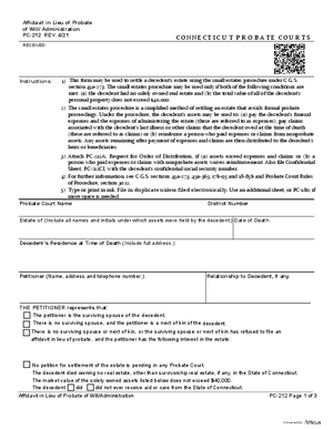 Thumbnail of Connecticut Form Affidavit In Lieu Of Probate Of Will/administration (Rev. 4/21)