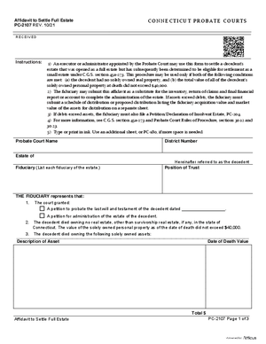 Thumbnail of Connecticut Form Affidavit To Settle Full Estate (Rev. 10/21)