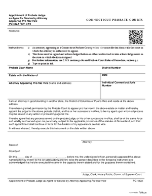 Thumbnail of Connecticut Form Appointment Of Probate Judge As Agent For Service By Attorney Appearing Pro Hac Vice (Rev. 7/19)