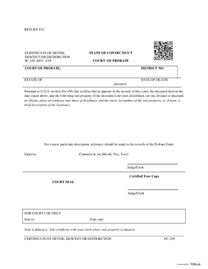 Thumbnail of Connecticut Form Certificate Of Devise, Descent Or Distribution (Rev. 4/18)