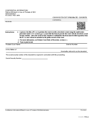 Thumbnail of Connecticut Form Confidential Information/petition/affidavit In Lieu Of Probate Of Will/administration (Rev. 8/19)