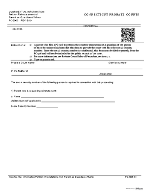Thumbnail of Connecticut Form Confidential Information/petition/reinstatement Of Parent As Guardian Of Minor (Rev. 8/19)
