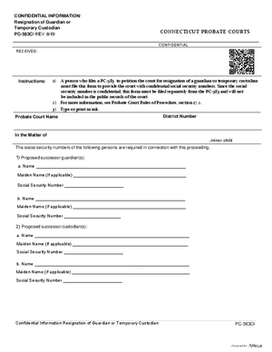 Thumbnail of Connecticut Form Confidential Information/resignation Of Guardian Or Temporary Custodian (Rev. 8/19)