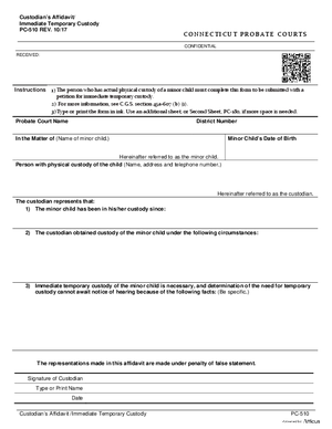Thumbnail of Connecticut Form Custodian's Affidavit/immediate Temporary Custody (Rev. 10/17)