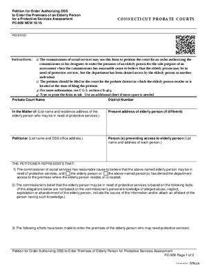 Thumbnail of Connecticut Form For Dss Use Only -- Petition For Order Authorizing Dss To Enter The Premises Of An Elderly Person For A Protective Services Assessment