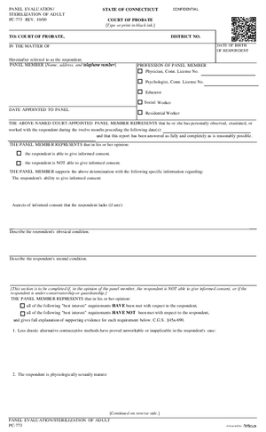 Thumbnail of Connecticut Form Panel Evaluation/sterilization Of Adult (Rev. 10/00. Print On Legal-size Paper Only.)