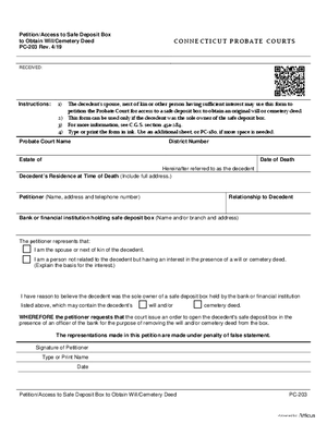 Thumbnail of Connecticut Form Petition/access To Safe Deposit Box To Obtain Will/cemetery Deed (Rev. 4/19)