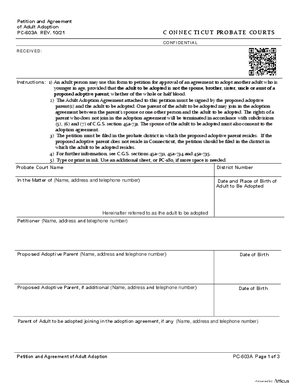 Thumbnail of Connecticut Form Petition And Agreement Of Adult Adoption (Rev. 10/21)