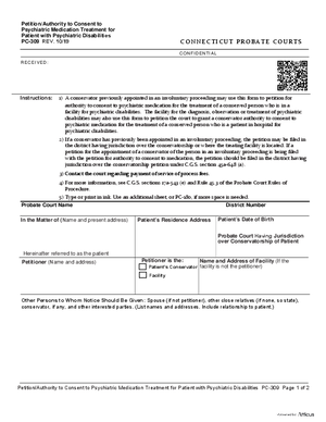 Thumbnail of Connecticut Form Petition/authority To Consent To Psychiatric Medication Treatment For Person With Psychiatric Disability (Rev. 10/19)