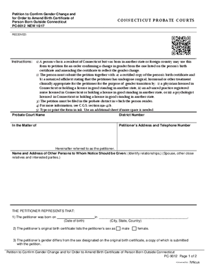 Thumbnail of Connecticut Form Petition To Confirm Gender Change And For Order To Amend Birth Certificate Of A Person Born Outside Connecticut (New 10/17)