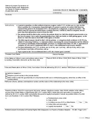 Thumbnail of Connecticut Form Petition/consent Termination Of Parental Rights And Stepparent, Co-parent Or Relative Adoption (Rev. 8/19)