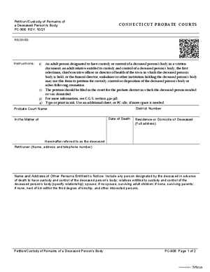 Thumbnail of Connecticut Form Petition/custody Of Remains Of A Deceased Person's Body (Rev. 10/21)