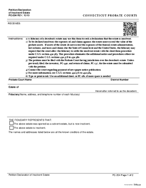 Thumbnail of Connecticut Form Petition/declaration Of Insolvent Estate (Rev. 10/19)