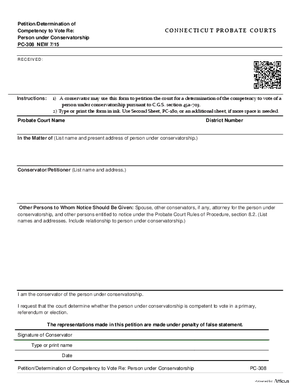 Thumbnail of Connecticut Form Petition/determination Of Competency To Vote Re: Person Under Conservatorship (New 7/15)