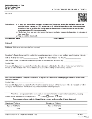 Thumbnail of Connecticut Form Petition/extension Of Time To Pay Probate Fees (Rev. 4/16)