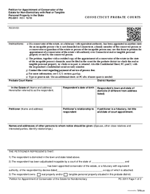 Thumbnail of Connecticut Form Petition For Appointment Of Conservator Of The Estate For Non-domiciliary With Real Or Tangible Property In The State (Rev. 10/19)