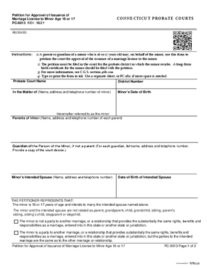 Thumbnail of Connecticut Form Petition For Approval Of Issuance Of Marriage License To Minor Age 16 Or 17 (Rev. 10/21)