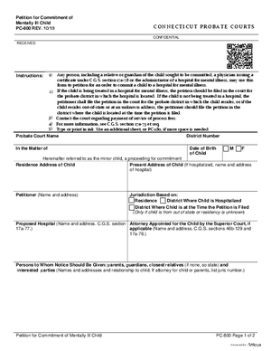 Thumbnail of Connecticut Form Petition For Commitment Of Mentally Ill Child (Rev. 10/19)