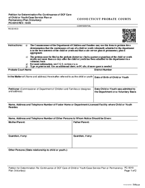 Thumbnail of Connecticut Form Petition For Determination Re: Continuance Of Dcf Care Of Child Or Youth/case Service Plan Or Permanency Plan (Voluntary) (Rev. 10/20) For Dcf Use Only