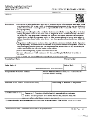 Thumbnail of Connecticut Form Petition For Involuntary Commitment/alcohol And/or Drug Dependency (Rev. 10/19)