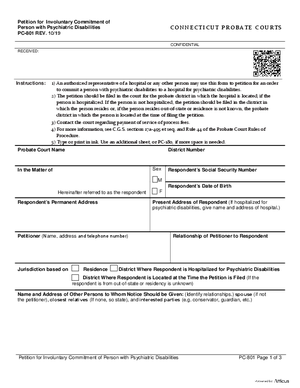 Thumbnail of Connecticut Form Petition For Involuntary Commitment Of Person With Psychiatric Disabilities (Rev. 10/19)