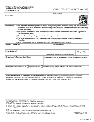 Thumbnail of Connecticut Form Petition For Involuntary Recommitment/alcohol And/or Drug Dependency (Rev. 10/19)