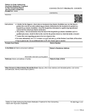 Thumbnail of Connecticut Form Petition For Order Authorizing Psychiatric Medication Treatment For Non-consenting Patient With Psychiatric Disabilities (Rev. 10/19)