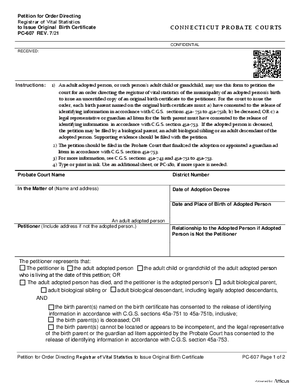 Thumbnail of Connecticut Form Petition For Order Directing Registrar Of Vital Statistics To Issue Original Birth Certificate (Rev. 7/21)