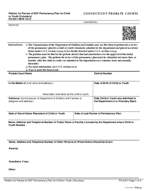 Thumbnail of Connecticut Form Petition For Review Of Dcf Permanency Plan For Child Or Youth (Voluntary) (New 10/15) For Dcf Use Only