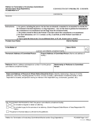 Thumbnail of Connecticut Form Petition For Termination Of Involuntary Commitment/alcohol And/or Drug Dependency (New 4/17)