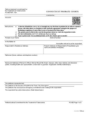 Thumbnail of Connecticut Form Petition/judicial Commitment For The Treatment Of Tuberculosis (Rev. 7/21)