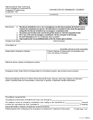 Thumbnail of Connecticut Form Petition/judicial Order Continuing A Prior Emergency Commitment For Treatment Of Tuberculosis (Rev. 7/21)