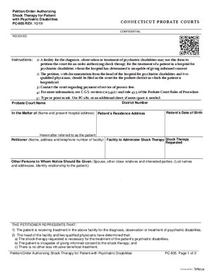 Thumbnail of Connecticut Form Petition/order Authorizing Shock Therapy For Patient With Psychiatric Disabilities (Rev. 10/19)