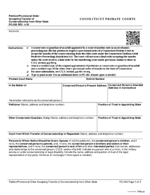 Thumbnail of Connecticut Form Petition/provisional Order Accepting Transfer Of Conservatorship From Other State (Rev. 4/19)