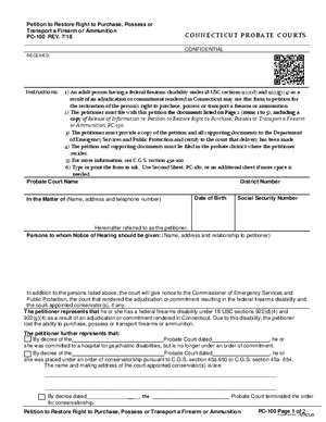 Thumbnail of Connecticut Form Petition To Restore Right To Purchase, Possess Or Transport A Firearm Or Ammunition (Rev. 7/18)