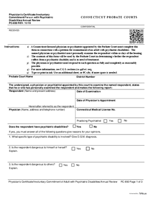 Thumbnail of Connecticut Form Physician's Certificate/involuntary Commitment/person With Psychiatric Disabilities/annual Review (Rev. 10/19)