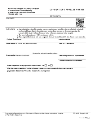 Thumbnail of Connecticut Form Psychiatrist's Report/voluntary Admission Of Person Under Conservatorship To Hospital For Psychiatric Disabilities (New 7/18)
