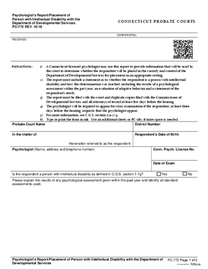 Thumbnail of Connecticut Form Psychologist's Report/placement Of Person With Intellectual Disability With The Department Of Developmental Services (Rev. 10/18)