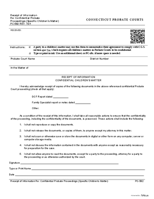 Thumbnail of Connecticut Form Receipt Of Information Re: Confidential Probate Proceeding/specific Children's Matter (Rev. 7/21)