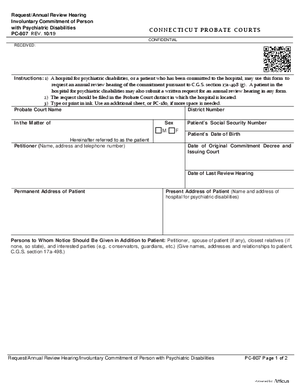 Thumbnail of Connecticut Form Request/annual Review Hearing Involuntary Commitment Of Person With Psychiatric Disabilities (Rev. 10/19)