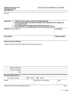 Thumbnail of Connecticut Form Request For Exclusion From Efiling Requirements