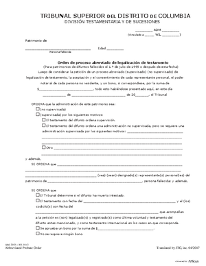 Thumbnail of District of Columbia Form Abbreviated Probate Order – For Estates Of Decedents Dying On Or After July 1, 1995 (Es)