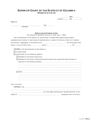 Thumbnail of District of Columbia Form Abbreviated Probate Order – For Estates Of Decedents Dying On Or After July 1, 1995
