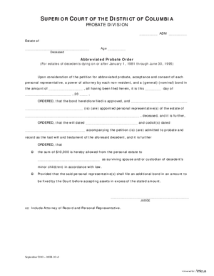 Thumbnail of District of Columbia Form Abbreviated Probate Order – For Estates Of Decedents Dying On Or After January 1, 1981 Through June 30, 1995