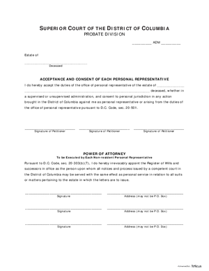 Thumbnail of District of Columbia Form Acceptance And Consent Of Each Personal Representative