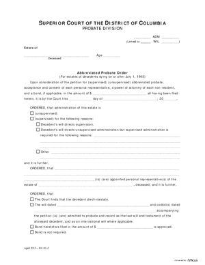 Thumbnail of District of Columbia Form Case Initiation - Abbreviated Probate (Adm) - Abbreviated Probate Order