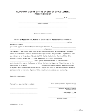 Thumbnail of District of Columbia Form Case Initiation - Abbreviated Probate (Adm) - Notice Of Appointment, Notice To Creditors And Notice To Unknown Heirs