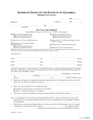 Thumbnail of District of Columbia Form Case Initiation - Abbreviated Probate (Adm) - Petition For Probate